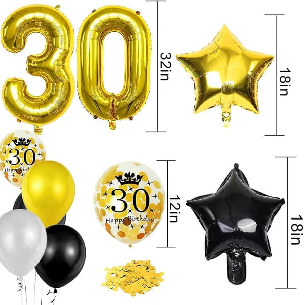30-årsdagsvurdering i sort gull - Banner, ballonger og mer