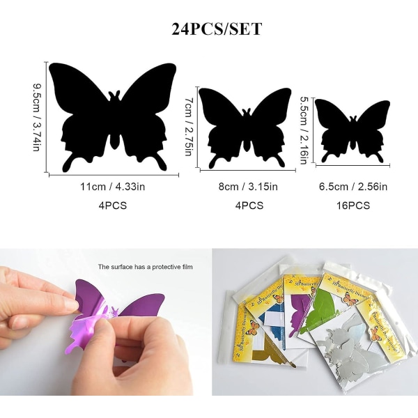 24 kpl perhosseinätarraa irrotettavat perhosseinätarraa seinätaidekäsityöt 3D peili kodinsisustus (kulta)