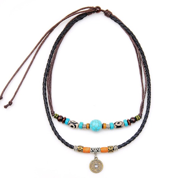 Dww-1 kpl Boho-naisten kaulakoru, vintage-käsintehty höyhenriipus, turkoosi nahkakorvakorut, helmikaulakoru, boheemi kaulakoru, heimo-korut, lahja