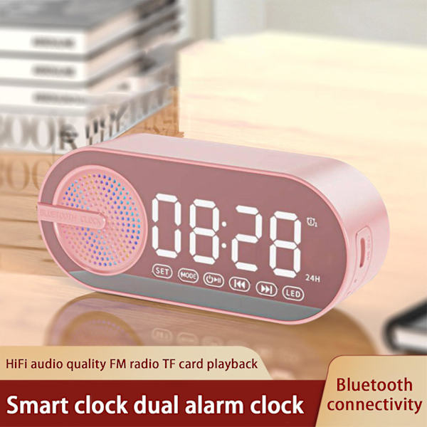 Bluetooth-högtalarklocka med dubbla larm och spegelsubwoofer (en storlek, rosa)