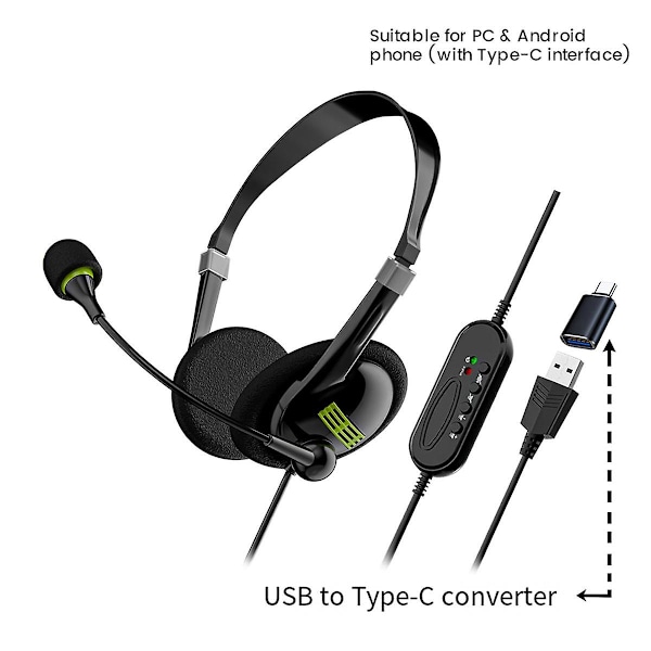 USB-computerheadset - Specielt headset til erhvervsdrivende - Kablet headset - In-line-kontrolheadset med Typec-adapter (som vist)
