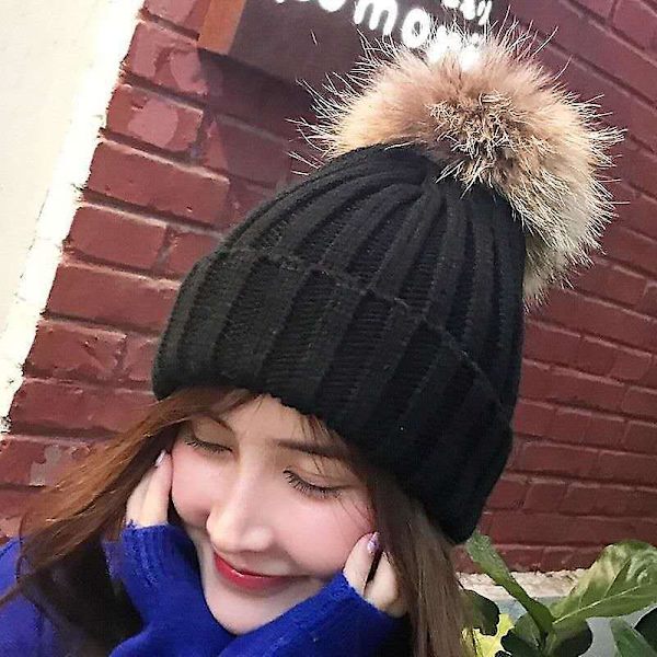 Dww-Dame Strikhue med Pompom, Sort Vinter Varm Fleece Foret Hat Slouchy Strikkede Huer