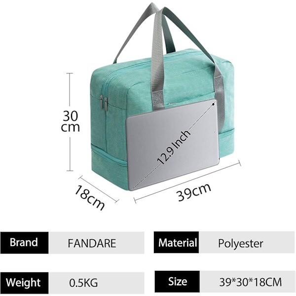 Dww-Grønn Reiseveske Sportsbag Reise Duffel Bag Sport Gym Bag med Skoskuff, Menn/Kvinner Strandveske