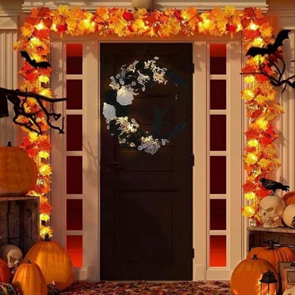 1 krans, Halloween, kat, måne, blomster, efterårsdekoration, veranda, indgang.
