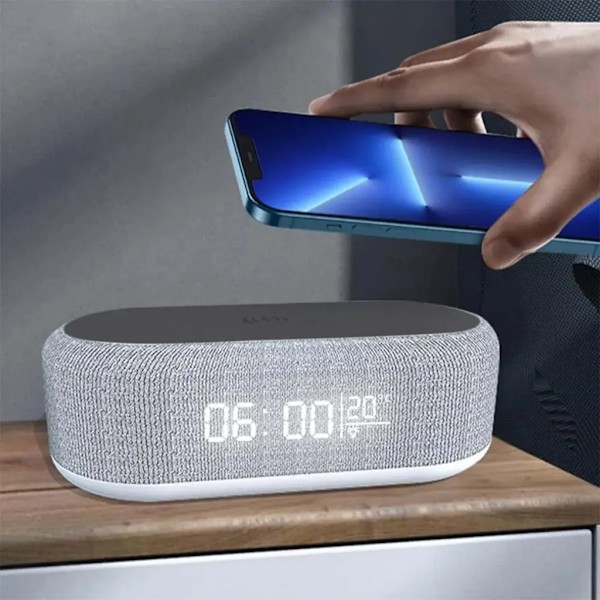 Digital väckarklocka med trådlös laddning, multifunktionell väckarklocka med temperaturvisning, nattlampa, högtalare, svart