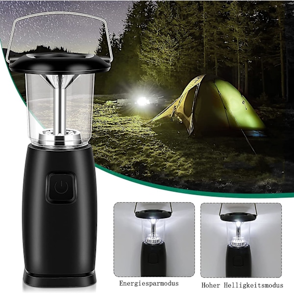 Solcelledrevet Campinglampe LED Camping Crank Lampe | USB Genopladelig Bærbar Lampe | Dynamo Lampe | Powerbank | 3 Lysstyrkemodusser