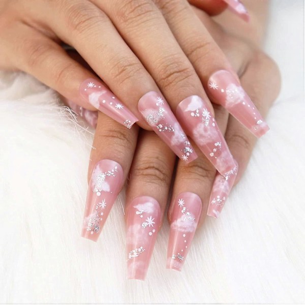 24 st långa kistaformade konstgjorda naglar i nakenrosa, falska naglar, molnballerina nageltips för kvinnor och flickor. Obs: Inget lim.