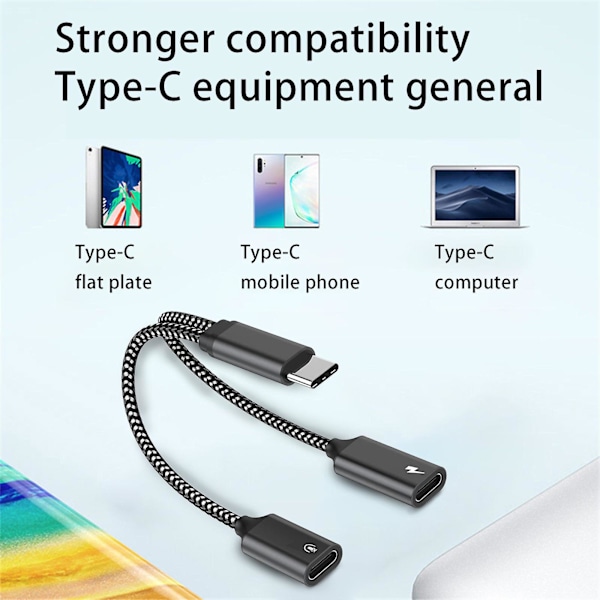 60W snabbladdning Type-C-splitter, hörlursadapter och dubbel USB-C-ljudladdare för reversibelt Type-C-gränssnitt