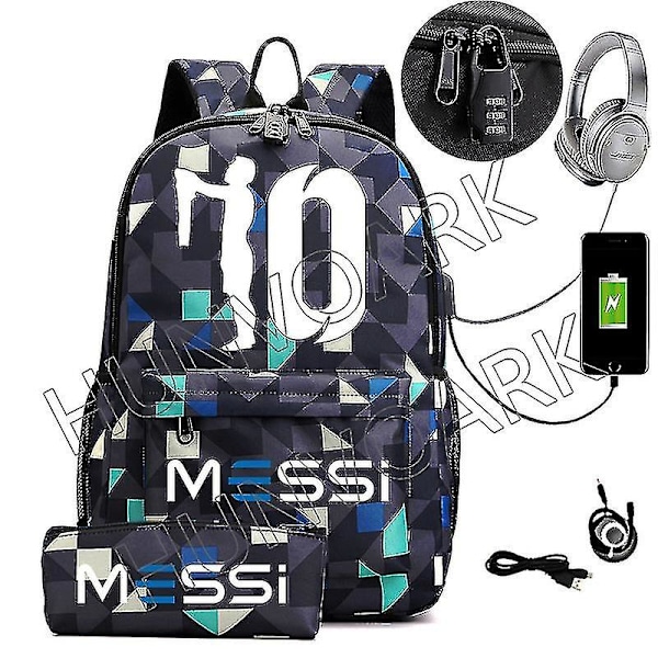 Messi Waterproof Backpack Usb Charging Casual Travel Backpack Women Men Large Capacity Travel Laptop（Sky Blue）