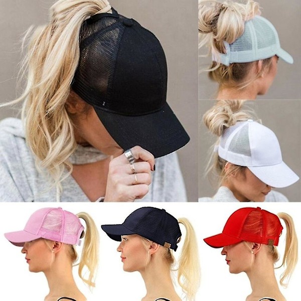 Justerbar Hip Hop Hat til kvinder med hestehale - Baseball kasket til kvinder - Snapback hat - Mesh caps - Sommeråndbar mesh solhat til damer - Sort