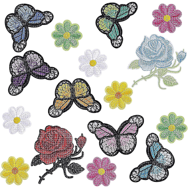 Dww-16 Pieces Flower Embroidery Iron-on Patch, Butterfly Embroidery Sticker Iron on Patches Sew-on Ecusson Stickers for Clothes, Backpacks, Jeans