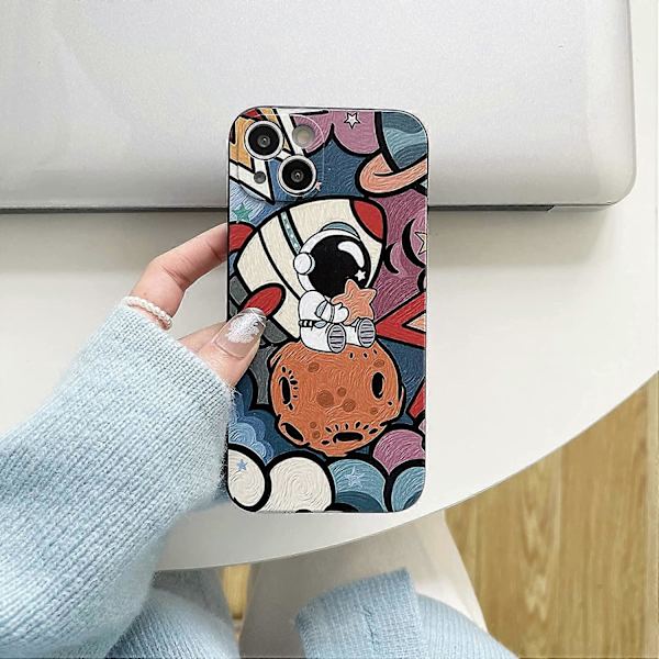 Kompatibel med iPhone 13 Sött Skal, Cool Cartoon Astronaut Planet Rymd Målningsdesign Snygg Mjuk TPU Stötfångare Stötsäker Halksäker Skydd Fashio