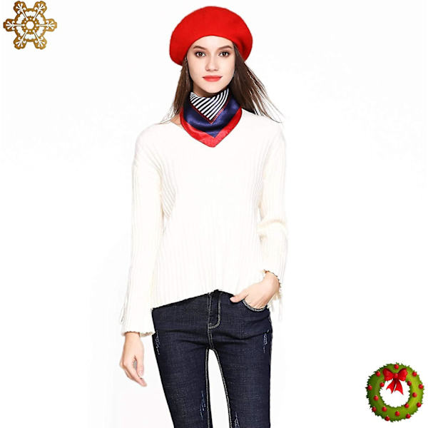 Ull Baretlue Solid Color Fransk Baret Med Skily Skjerf Og Brosje