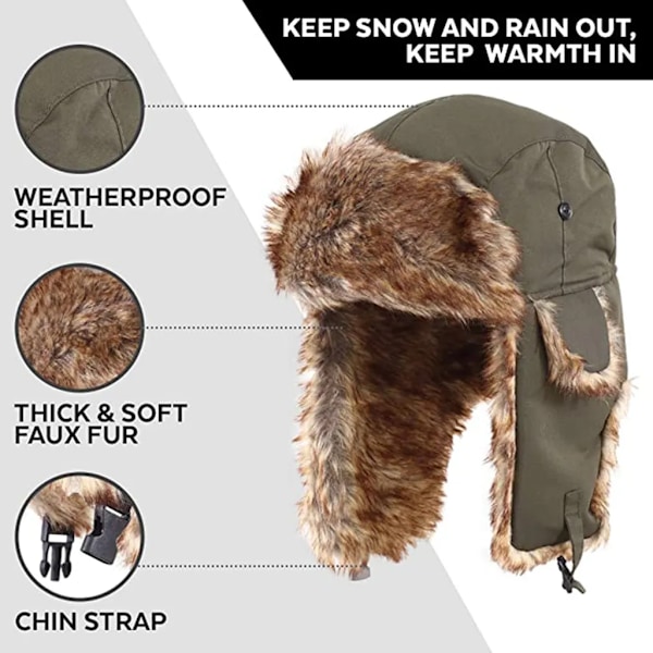 Uni vinterhatt aviator hatt trapper hatt med konstläder pälshatt herr rysk hatt (armégrön)