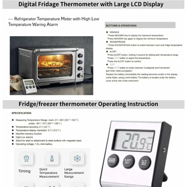 Jääkaapin lämpömittari, digitaalinen LCD-lämpömittarinäyttö anturilla 50°C - 70°C