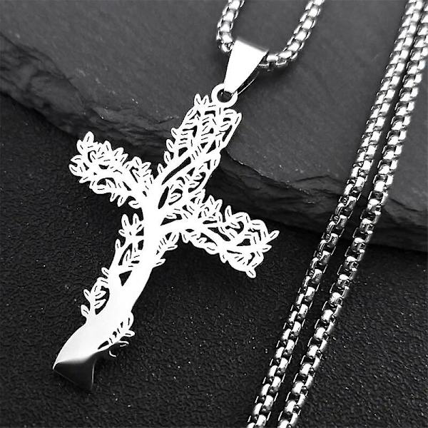 Halsband i rostfritt stål med livets träd och kors, silverfärg, estetiskt halsband för män och kvinnor, Arbol De La Vida N3018s02（A 50 cm BOX SR）