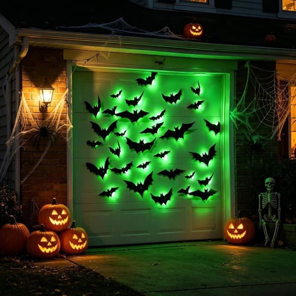 Set med 36 gröna LED 3D Halloween-fladdermöss, inomhus väggdekoration för sovrum, dörr, spegel, fest
