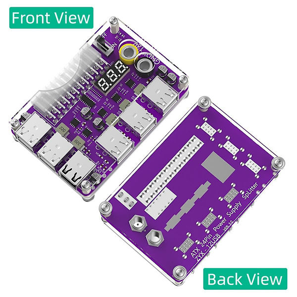 ATX 24-bens strømkilde breakout-kort strømmoduladapter med 12-ports USB 2.0 og QC 2.0/ 3.0 og 12V udgang（Lilla）