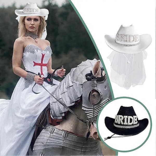 Brudeslør cowboyhat øreringe hjertebriller tredelt sæt slør cowboyhat white 1pcs