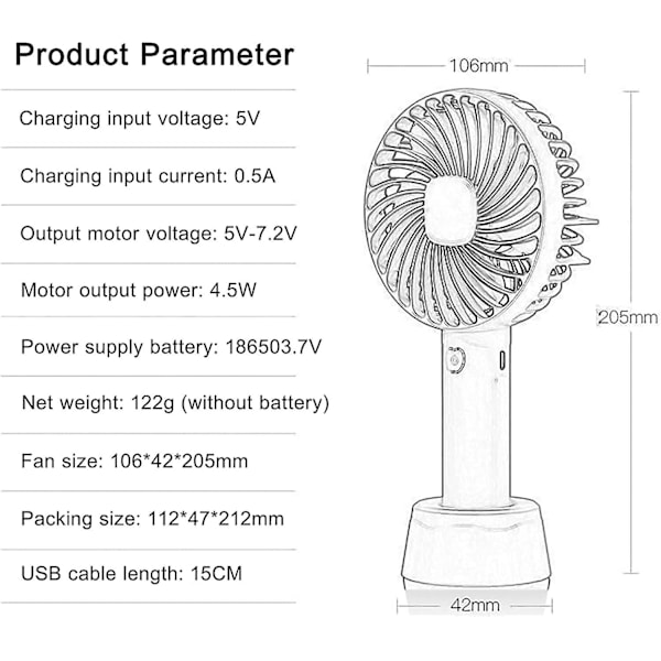 Bärbar USB-laddningsbar handhållen fläkt -rosa