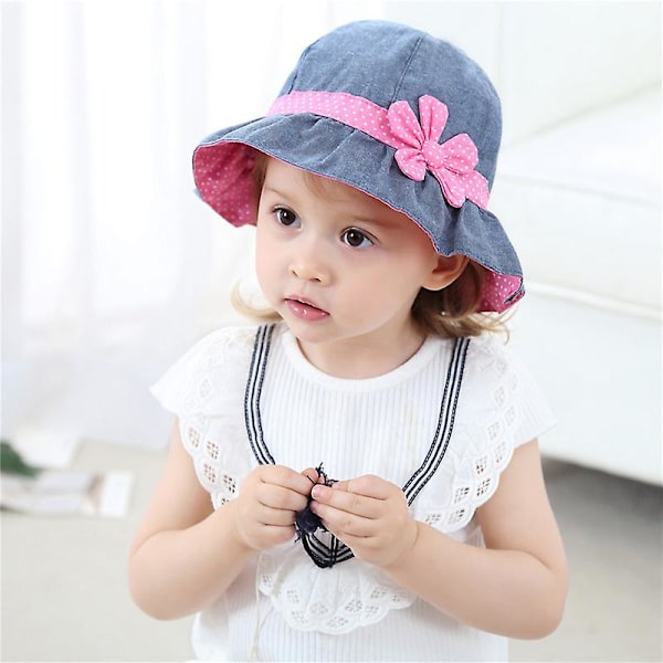 Dww- 2 stk. jente denim solhatt for baby barn polka dot bånd og magenta blomst fiskehatt vår og bomullshatter