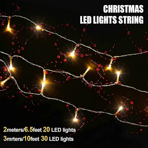 2,5 m Julgransgirlang med pärlor och LED-lampor, juldekoration för mantel, akryl-pärlor, varma LED-lampor, festlig belysning, batteridriven, inomhusgirlang