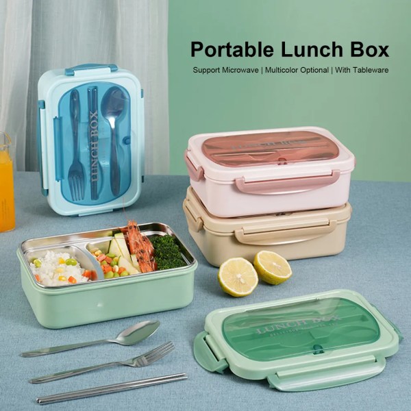 Bärbar lunchlåda 304 rostfritt stål, läckagesäker mikrovågsuppvärmningslåda med sked och ätpinnar