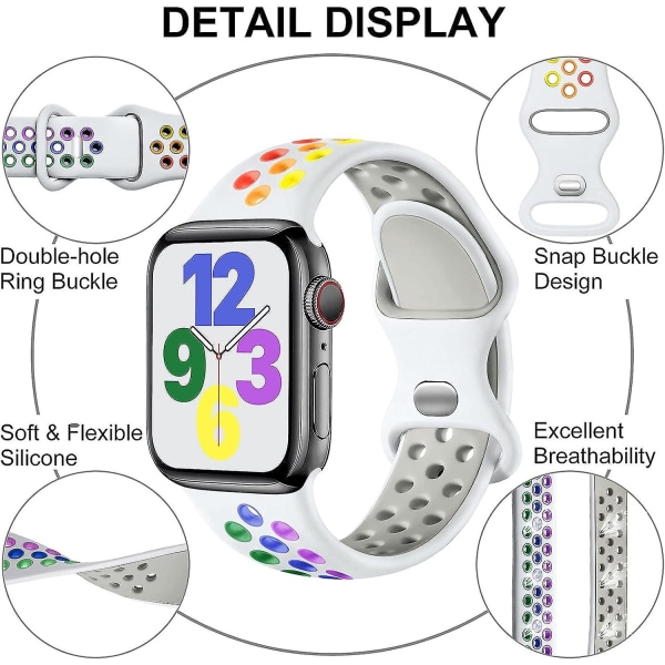 Vit sportrem kompatibel med Apple Watch -rem 38/40/41 mm, ventilerande silikonband med dubbelt hål, lämplig för Iwatch serie 7