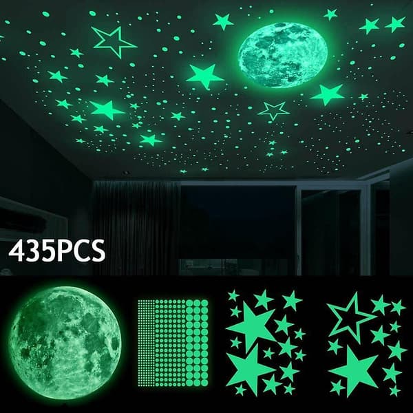 Dww-453 stykker gløder i mørket stjerner vegg klistremerker, måne og stjerner lysende klistremerker, fluorescerende stjerneklistremerke ideelt for tak, soverom
