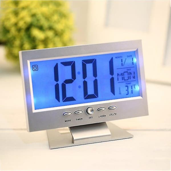 Stemmestyret baggrundsbelyst LCD-vækkeur, vejrskærm, kalender