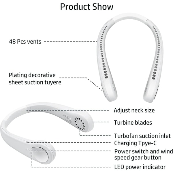 2024, Halsfläkt Kylning Bärbar Personlig Fläkt 360 USB Laddningsbar Hängande Halsfläkt med 3 Hastighetsnivå