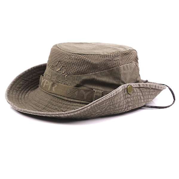 Mænd Bomuld Broderi Hat Udendørs Solbeskyttelse Bred Skygge Foldbar Boonie Bucket Hat(Grå)