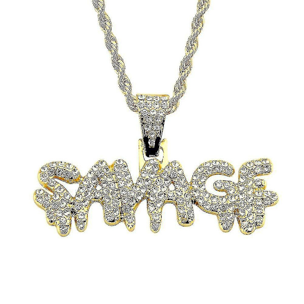 Punk Savage Bogstav Halskæde & Vedhæng Blankt Is Ud Link Kæde Halskæde Med Tennis Kæde Choker Hip Hop Smykker Til Mænd（Imitation Rhodium Belagt）