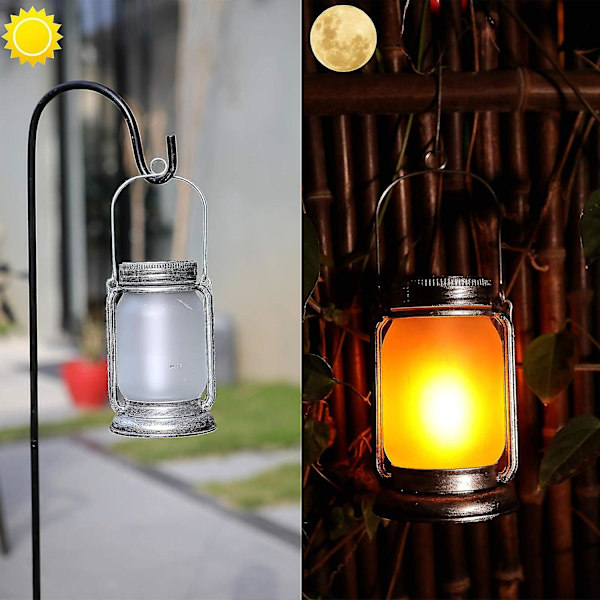 Solcelled flammelykt solcelledrevet flimrende flammer hengende vanntett utendørs landskapslykter murkrukke solcellelys