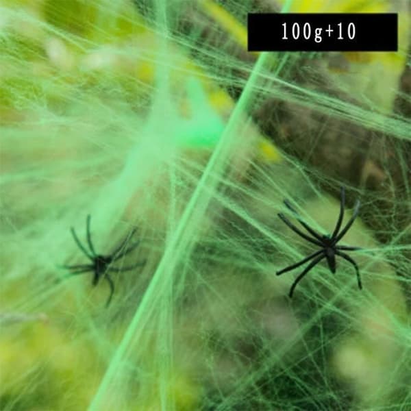 Halloween Strekkbart Spindelvev - WINLLINEE - 100g - 10 Grønne Edderkopper - Veggdekorasjon