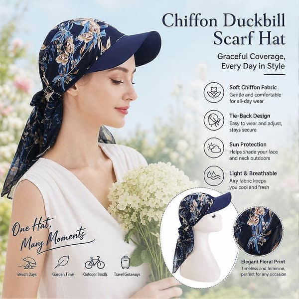 Solskærm med chiffon-tørklæde, justerbar bindebånd, åndbar og let til rejser Gray