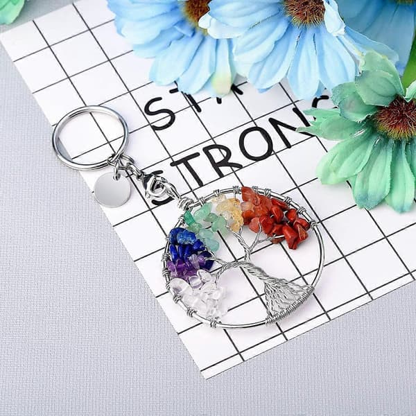7 Chakras Nyckelring Healing Crystal Livets Träd Nyckelring Ädelsten Charm för Kvinnor