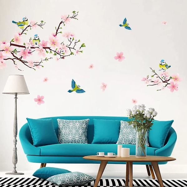 Dww-Peach Blossoms & Birds I klistremerke veggklistremerker roser kirsebærtre gren planter for stue soverom kjøkken gang barnerom