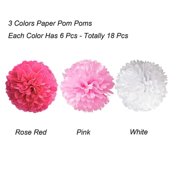 18 rosa blommor pom poms för flickor dop, tissue pom poms. Födelsedag eller baby shower dekorationer