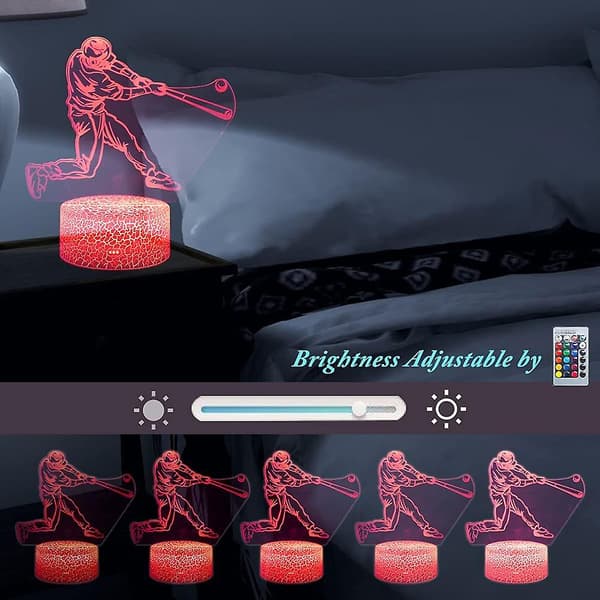 3D Baseball Player Nattlys, LED-illusjonslamper med fjernkontroll og USB-kabel