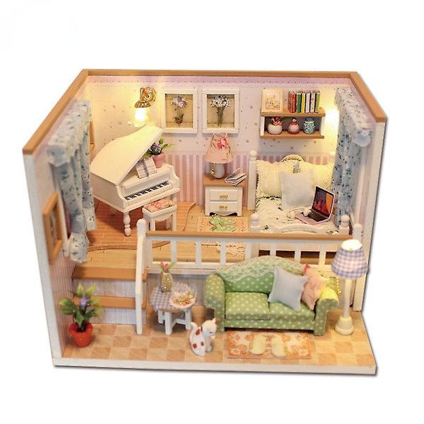 Diy dockhus miniatyr med möbler manuell montering modellstuga