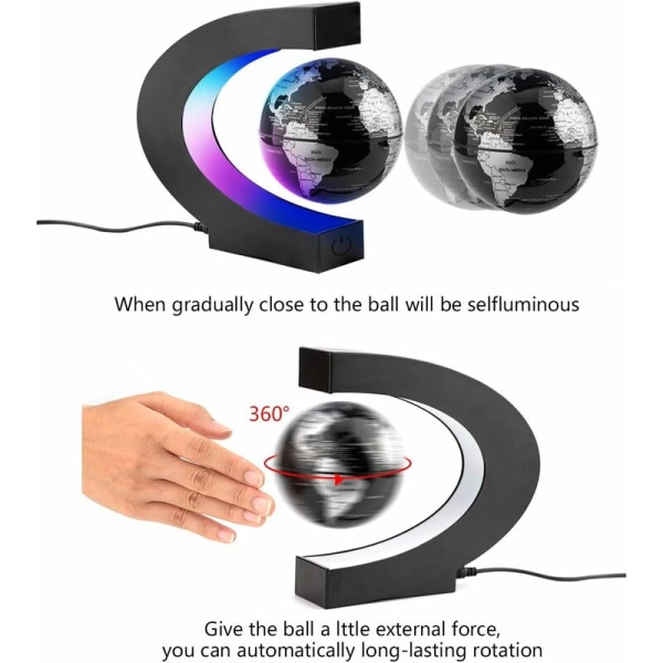 C-muotoinen magneettinen levitaatiomaailman karttapallo LED-näytön tuella, pyörivä maapallo, toimiston kodin sisustus