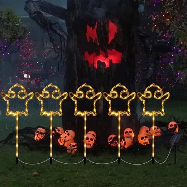 Halloween Spøgelse Solcellelygter til Udendørs Brug, 5-pak, Vandtætte Havepynt hvid XXS