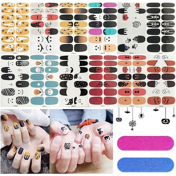 12 Ark Halloween Nagelstickers Självhäftande DIY Nagelkonst Dekaler Full Wrap Polish Stickers Strips Manikyr Nagelspets Dekoration Med 2 Naglar