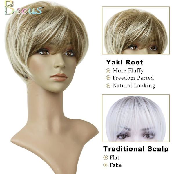 Kort blond Pixie Cut Parykker til kvinder Fluffy Lag Lowlight Med Rodstræk