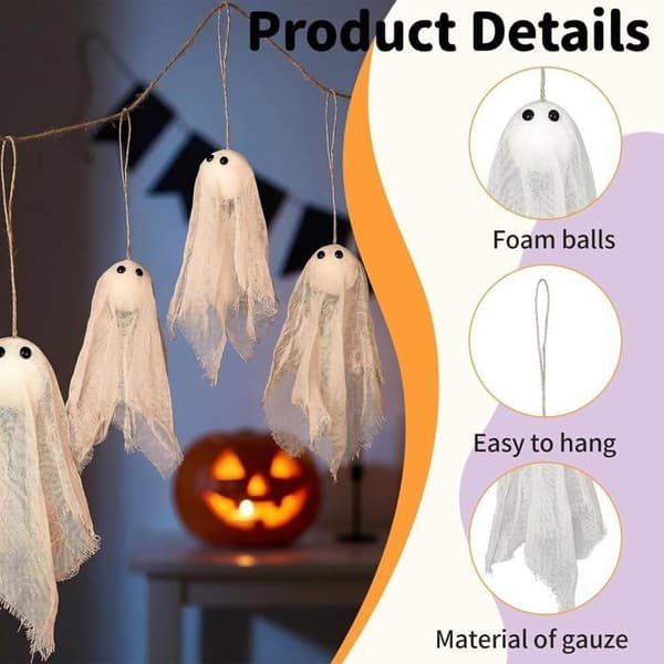 Halloween Spökdekoration - WINLLINEE - 5-pack - Varmt LED-ljus - 45 cm - Polyester - Vit