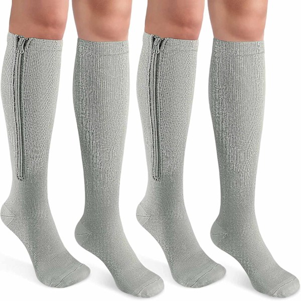 2 Pairs Zipper Compression Socks for Women & Men,15-20 mmHg Closed Toe Knee High Support Sock for Varicose Vein Edema/Large-X-Large/Grey