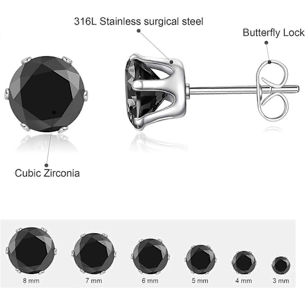 6 Par Studörhängen Set, Klar Kubisk Zirkonia 316L Rostfritt Stål Örhängen för Kvinnor för Män 3-8mm