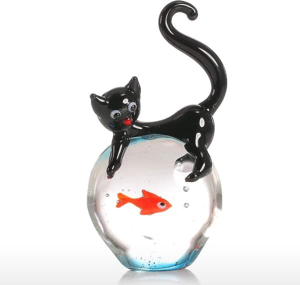 Glasskulptur i katt- och guldfiskefiskargubbeobjekt