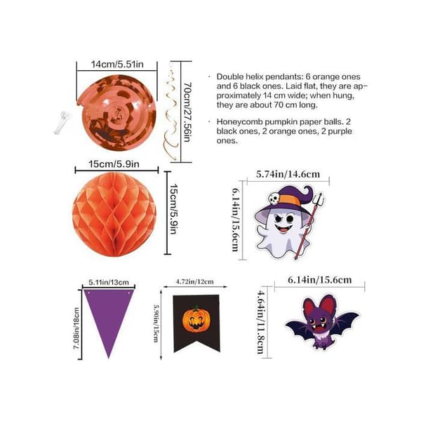 Halloween Dekorationssæt - 21-dele Sæt - Orange/Sort/Hvid - Græskar, Spøgelse, Flagermus - 3D Honeycomb Bolde
